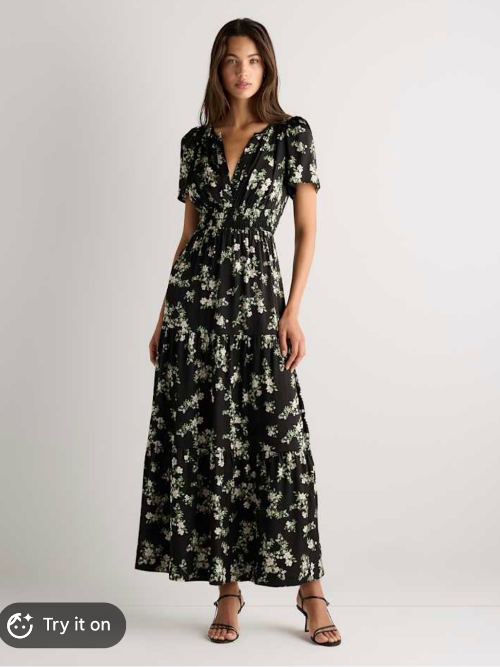 Nwt Quince Washable Stretch Silk Tiered Maxi Dress Black Pink Floral Size S